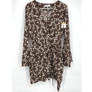 WAYF Floral Print Long Sleeve Mini Dress‎ Brown White Tie Front S